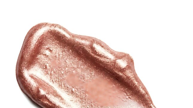 Shimmering rose gold lip gloss or liquid lipstick swatch with metallic finish on white background, suitable for cosmetics marketing and beauty product design.