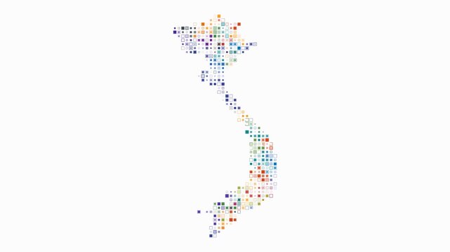 Vietnam animated country shape. Pulsating colored dots on the map of the country. Small size square blocks. Digital style Vietnam map on white background. Amazing animation video.