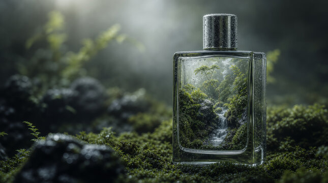 Surreal concept of a clear glass perfume bottle on green moss with a miniature misty forest ecosystem and tiny waterfall inside.