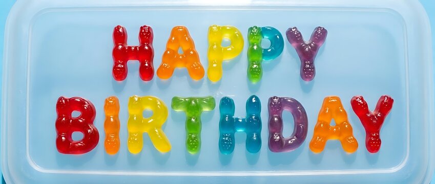 Happy birthday greeting with colorful bubble letters on light blue background, isolated design element suitable for greeting cards, invitations, party decorations, and digital celebrations.