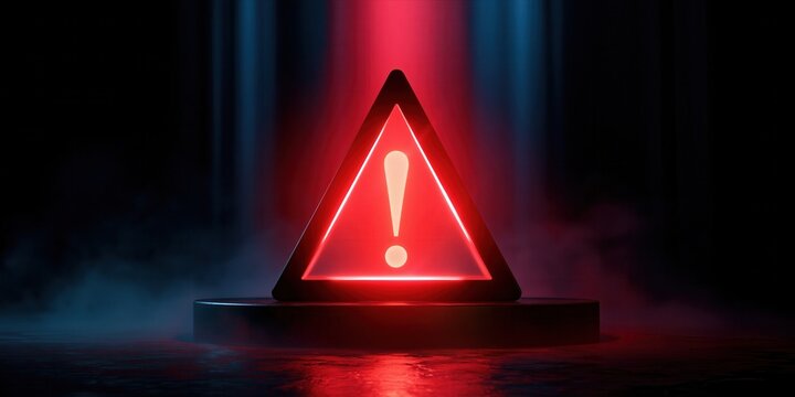 Illuminated red warning triangle with exclamation mark glowing in dark smoky scene with dramatic backlight, deep shadows, strong contrast, and urgent safety message