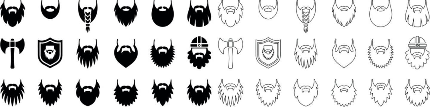 Collection of various beard and mustache styles with helmets and axes on white background