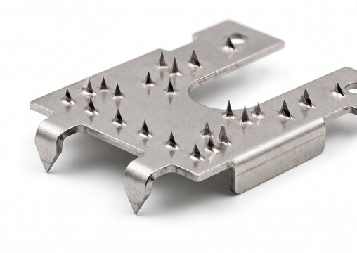 Extreme macro of a solar panel grounding clip. Machined stainless steel plate featuring aggressive piercing teeth to penetrate anodized aluminum.