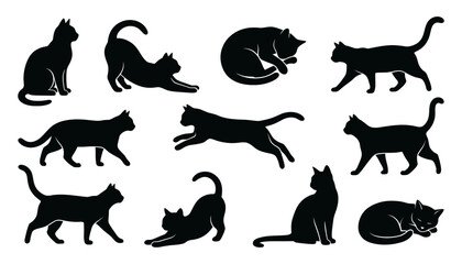 Fototapeta premium Halloween black cat silhouettes in various poses. Spooky feline vector icons for seasonal decorations and party designs.