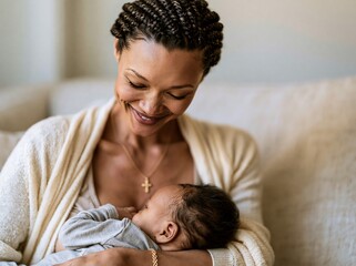 Obraz premium A tender moment between a loving mother and her newborn baby resting comfortably at home indoors