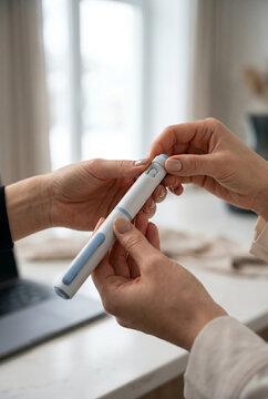 Close up of hands preparing a modern medical injector pen for treatment
