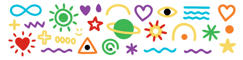 Colorful doodle shapes and symbols on a white background representing creativity and imagination © Lamisa