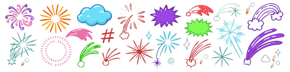 Explosions and comets with a cloud and hashtag on white background for celebration © Lamisa