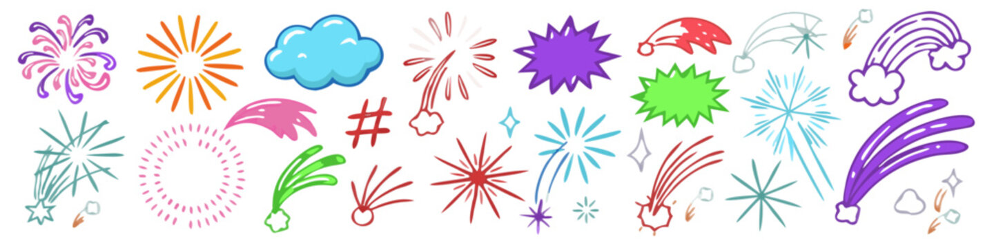 Explosions and comets with a cloud and hashtag on white background for celebration