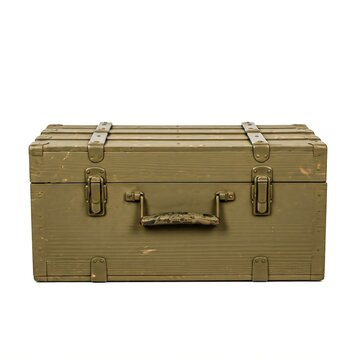 Vintage Military Metal Trunk with Handles and Latches Isolated on White Background