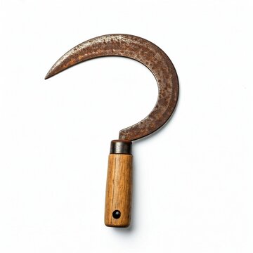Vintage Curved Metal Sickle with Wooden Handle Isolated on White Background &ndash; Traditional Garden Tool