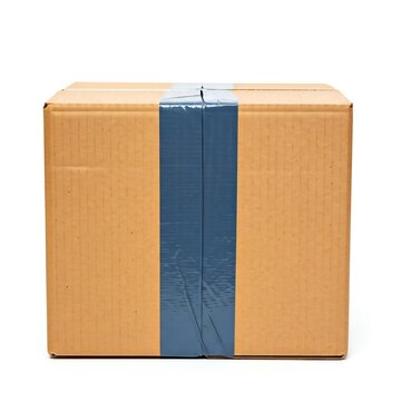 Cardboard Shipping Box with Blue Packing Tape Isolated on White Background