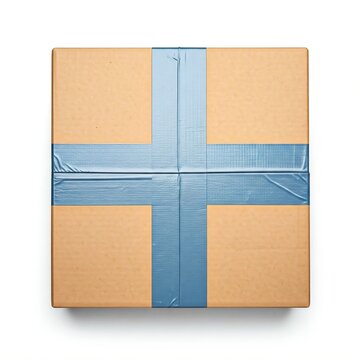 Cardboard Shipping Box Sealed with Blue Packing Tape Isolated on White Background
