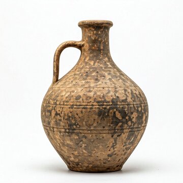 Antique Rustic Ceramic Jug Isolated on White Background &ndash; Traditional Earthenware Pottery Vessel