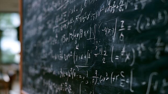 A close up view of a chalkboard covered in handwritten mathematical equations and symbols