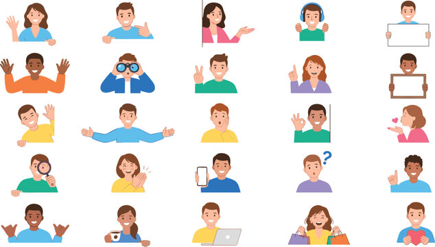 People peeking and looking out, set. Happy smiling curious characters waving hi with hand, presenting, showing gestures, pointing with finger. Flat vector illustrations isolated on white background.