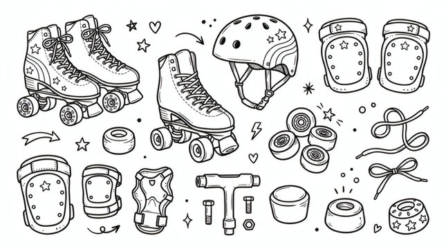 Set of playful hand drawn roller skate illustrations. Doodle drawings of quad skates, toe stops, laces, knee pads, helmets and skate wrenches. Clean line art in retro style, isolated on white back