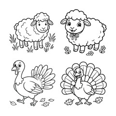Obraz premium Cute sheep and turkey bird farm animal coloring page