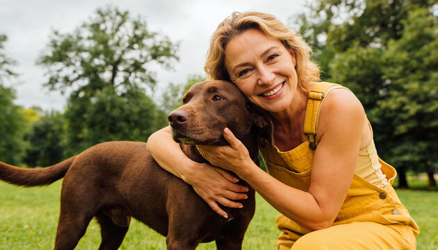 Mature woman wearing yellow overalls hugging chocolate labrador retriever in green park under bright natural daylight