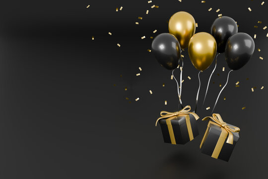 Black Friday Sale 3D Render with Black Gift Boxes, Gold Ribbon, Balloons and Copy Space