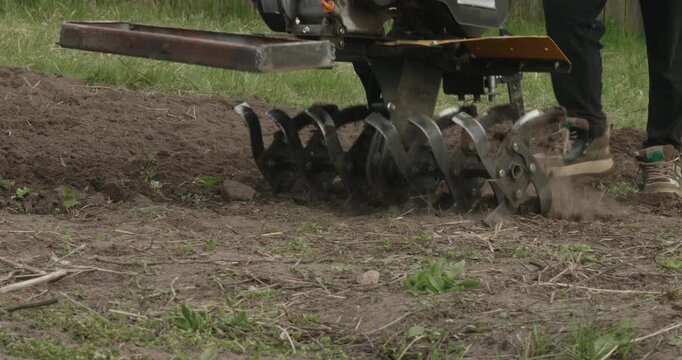 Male farmer using a powerful motor cultivator to plow the land in a garden, preparing the soil for spring planting with agricultural machinery, creating dust and loosening the earth