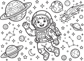 Naklejka premium Fun Outer Space Coloring Page with Rocket Planets and Stars