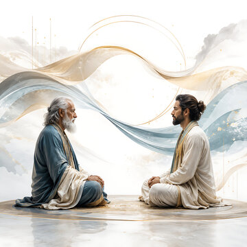 Serene guru purnima illustration showing spiritual dialogue between teacher and disciple during hindu religious festival celebration with abstract flowing elements and peaceful symbolism