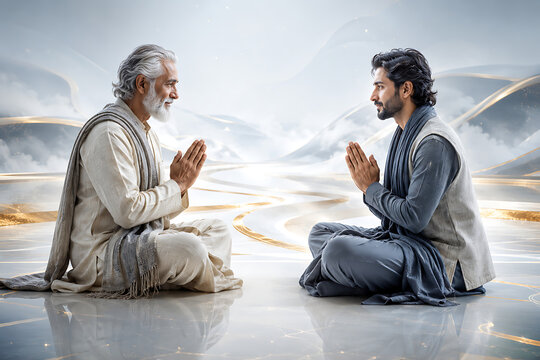 Serene guru purnima greeting scene showing mutual respect between teacher and disciple during hindu religious festival celebration with folded hands in tranquil landscape
