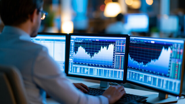 Faceless financial analyst comparing investment performance charts across three monitors in a corporate finance office, data-driven decision-making concept, defocused office in