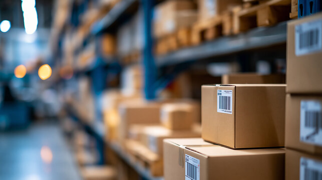 Industrial warehouse interior featuring cardboard box storage arranged for logistics trade operations, organized supply chain environment, defocused warehouse floor in background,