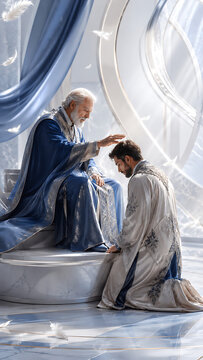 Blessed teacher offering guidance and protection to devoted disciple during guru purnima hindu religious festival in ethereal ceremonial setting with feathers floating gracefully