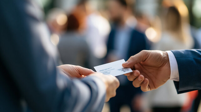Faceless two business professionals exchanging business cards at an outdoor corporate event, first impression and professional connection concept, defocused event setting in