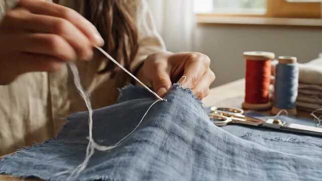 A diligent artisan focuses intently while hand stitching a piece of worn blue fabric with needle and thread to demonstrate the traditional craft of garment repair within a brightly lit home