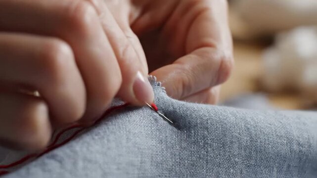 A skilled artisan uses a thin metal needle to pull a vibrant crimson thread through a soft piece of woven blue fabric while demonstrating traditional garment repair techniques for daily clothing