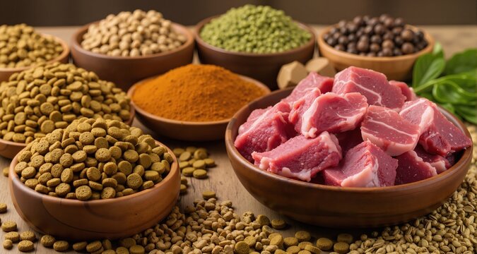 Dry pet food with natural ingredients. Raw meat in a bowl for pets. A set of different fodder and food for dogs or cats.
