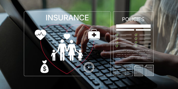 Hands Typing on Laptop with Insurance Graphics and Family Medical Policy Concepts in Modern Office Environment. Bitwise.