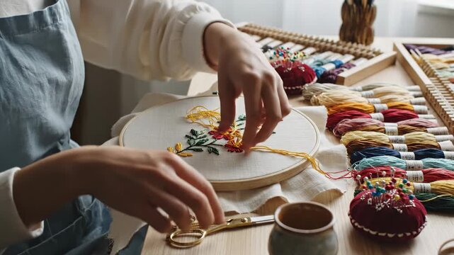 A diligent artisan carefully stitches colorful floral patterns onto fabric using high quality threads and sharp metallic scissors within her home craft area while focusing on the creative