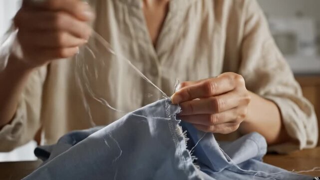 A diligent person focuses on mending a blue garment by hand using a needle and thread while seated at a wooden table in a home setting to repair the fabric damage through traditional sewing