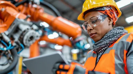 Female technician in safety gear inspecting industrial robotic arm on manufacturing floor while holding tablet, with focused attention on automation, machinery, and production workflow © neirfy