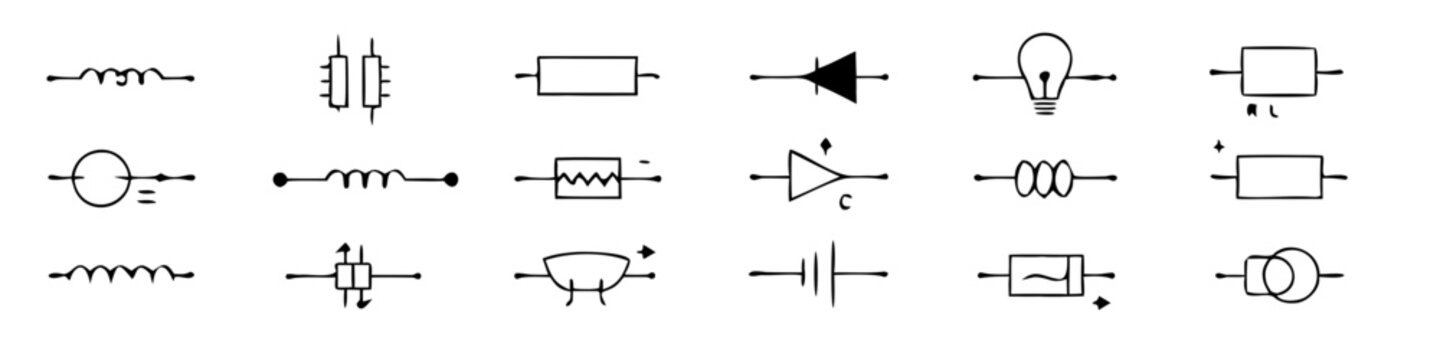 Electrical circuit schematic symbols including inductors resistors capacitors and diodes on a white background