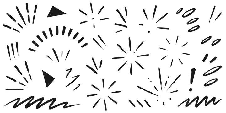 Hand drawn explosion bursts and doodles on white background for graphic design accents