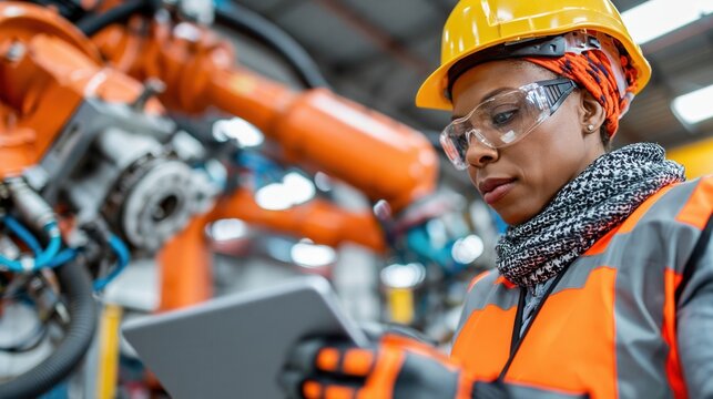 Female technician in safety gear inspecting industrial robotic arm on manufacturing floor while holding tablet, with focused attention on automation, machinery, and production workflow