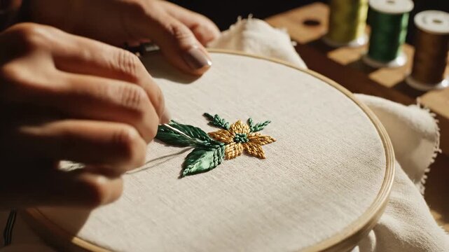 A diligent artisan focuses intently while skillfully maneuvering a needle to create a floral pattern upon a circular wooden frame holding taut linen fabric under the soft light of a warm evening