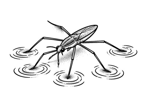 Water strider insect gliding effortlessly across calm water, highlighting the fascinating balance of nature in a crisp scientific style monochrome rendering.