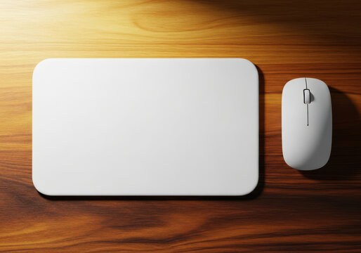 Blank white mouse pad and computer mouse on a rustic wooden desk surface