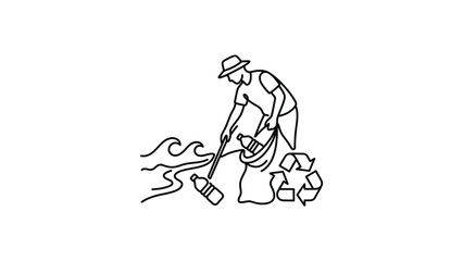 Obraz premium Person cleaning beach pollution, collecting plastic bottles in bag with recycling symbol