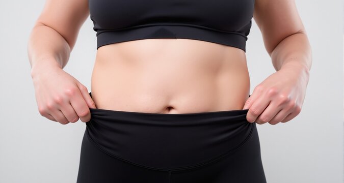 Close-up of a woman pulling her loose waistband to show weight loss results after a successful diet and exercise routine.
