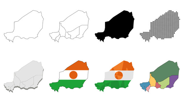Niger Map Set Featuring Outline, Isometric, Flag Color, and Geometric Vector Illustrations