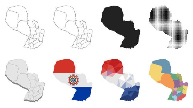 Paraguay Map Set Featuring Outline, Isometric, Flag Color, and Geometric Vector Illustrations