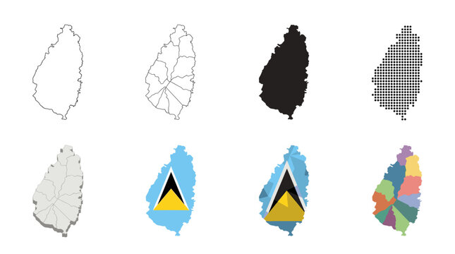 Saint Lucia Map Set Featuring Outline, Isometric, Flag Color, and Geometric Vector Illustrations